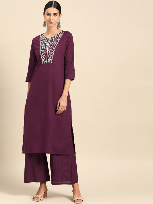 Women Purple Ethnic Design Cotton Kurta Set