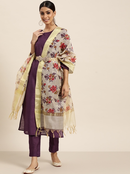 Women Purple & Cream-Coloured Solid Kurta Set