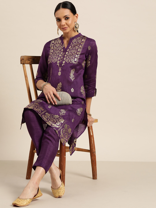 Women Purple & Golden Ethnic Printed Kurta Set