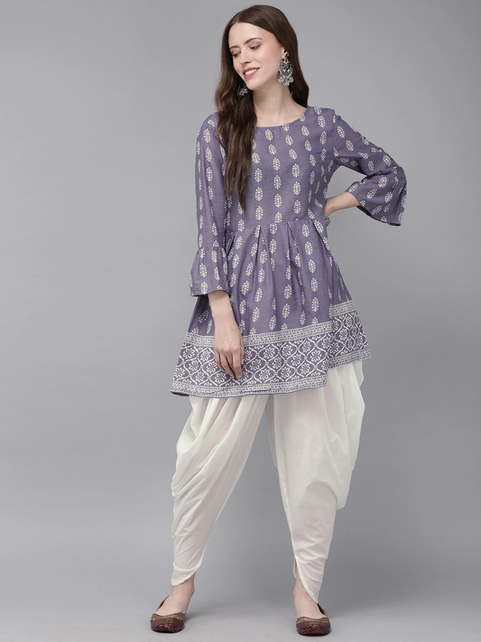 Women Purple & White Printed Kurti Set