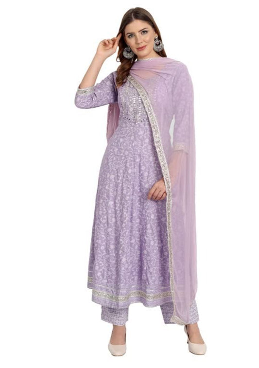 Women Rayon Anarkali Embroidered Printed Kurta Set