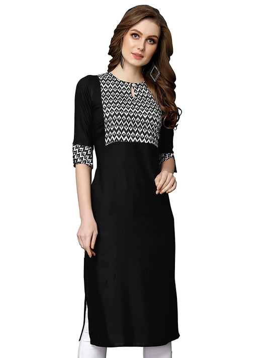 Women Rayon Foil Print Black Kurta