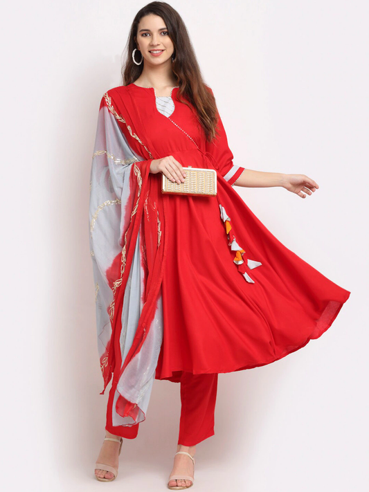 Women Red Kurta with Trousers & Dupatta