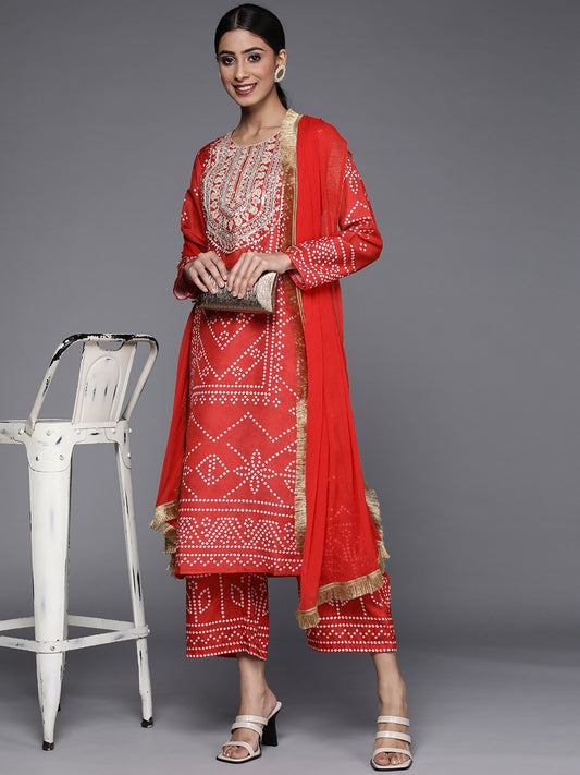 Women Red Bandhani Print Gotta Patti Kurta Set Without Dupatta