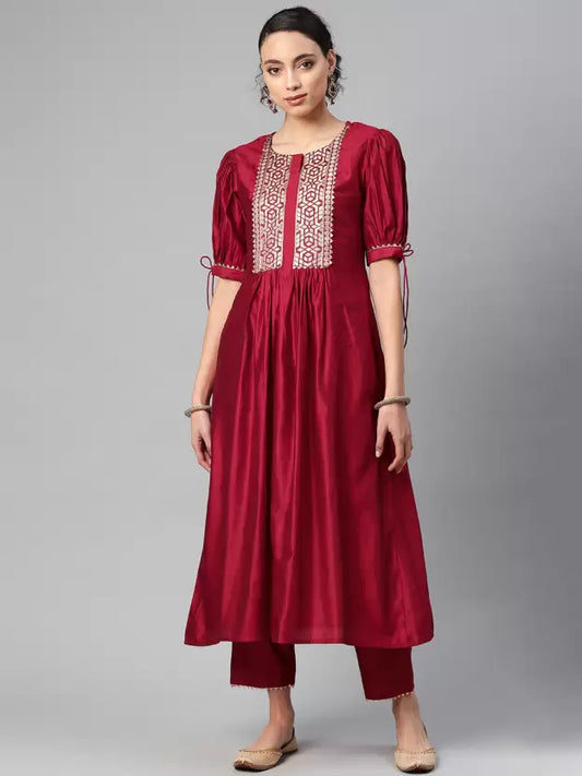 Women Red Cotton Silk Kurta set