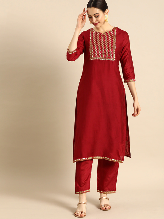 Women Red Embroidered Kurta with Palazzos