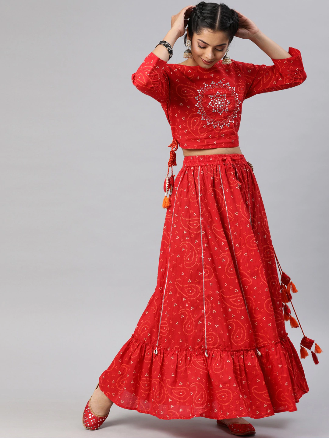 Women Red Embroidered Kurta with Skirt