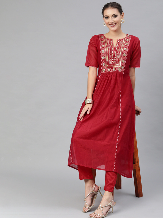 Women Red Embroidered Kurta Set