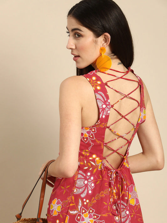 Women Red Ethnic Motifs Printed Pure Cotton Kurta Set