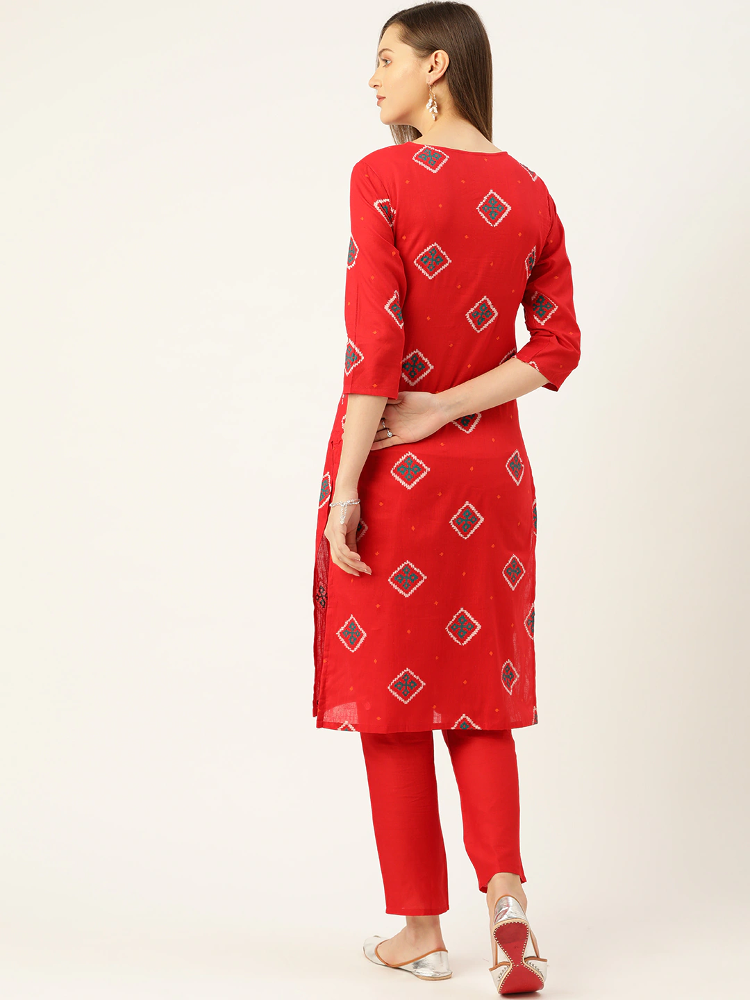 Women Red Ethnic Printed Cotton Kurta Set