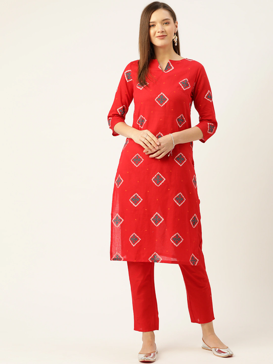Women Red Ethnic Printed Cotton Kurta Set