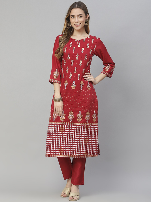 Women Red Ethnic Regular Kurta with Trousers