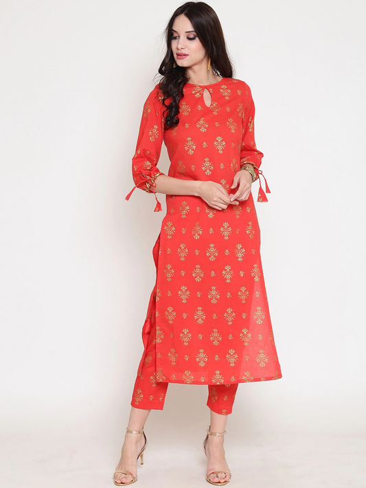 Women Red Printed Straight Keyhole Neck Kurta Set