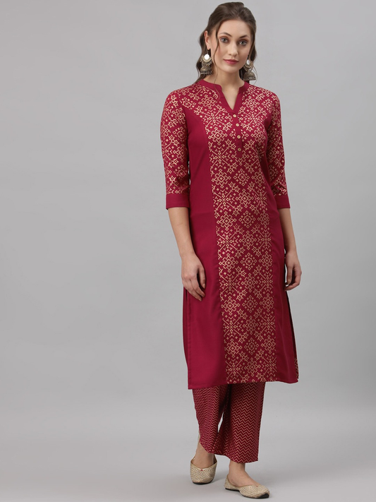 Women Red Ethnic Style Yoke Design Kurta with Trousers