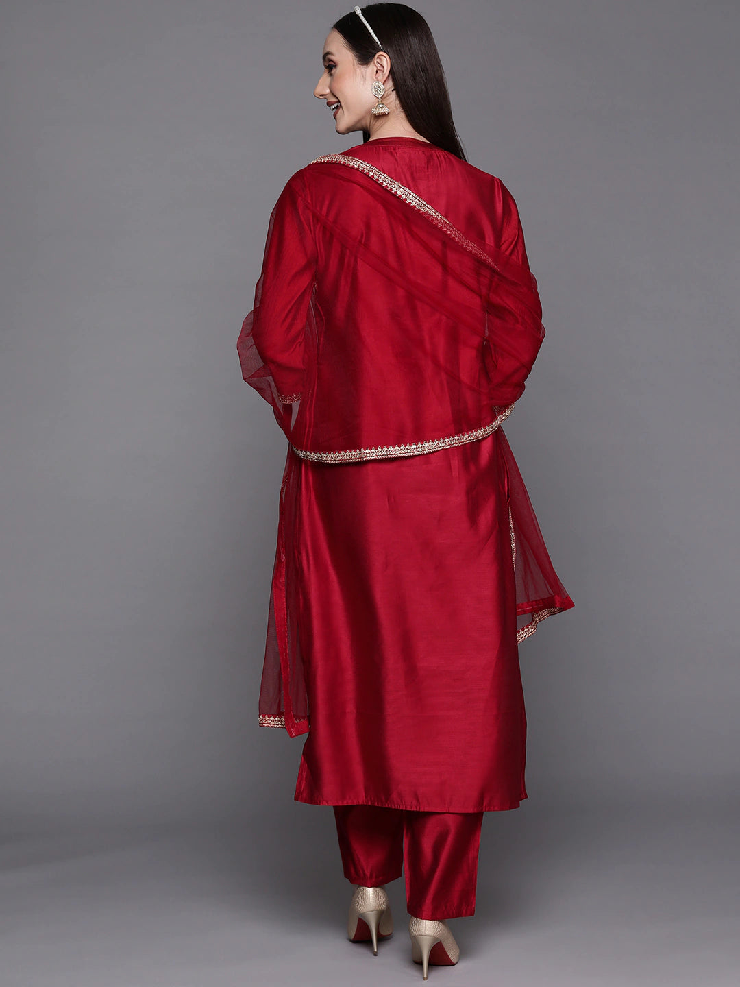 Women Red Floral Embroidered Sequinned Kurta Set