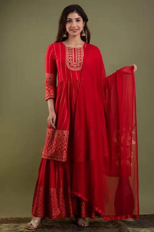 Women Red Kurta and Sharara Set Viscose Rayon