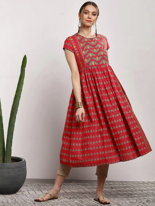 Women Red Printed A-Line Kurta