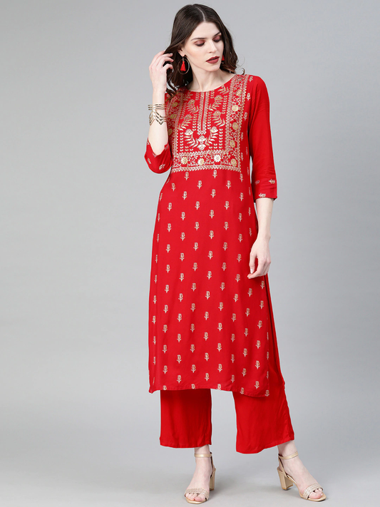 Women Red Printed Straight Kurta Set