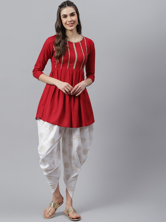 Women Red Yoke Design Kurta with Dhoti Pants