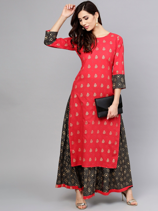 Women Red & Black Kurta Skirt Set
