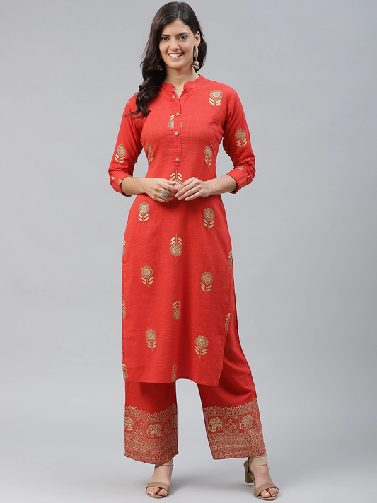 Women Red & Golden Kurta Set