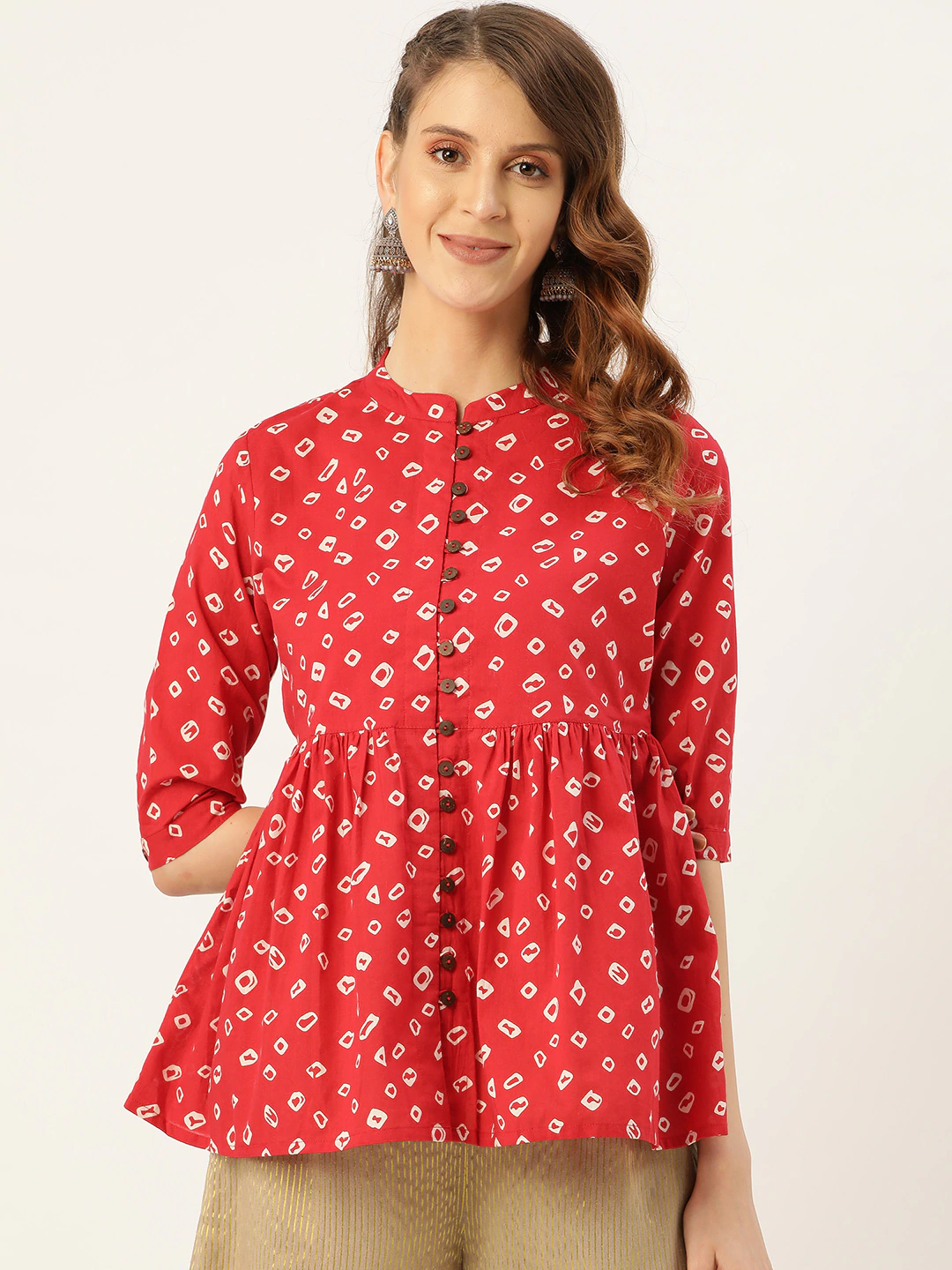 Women Red & White Print A-Line Top