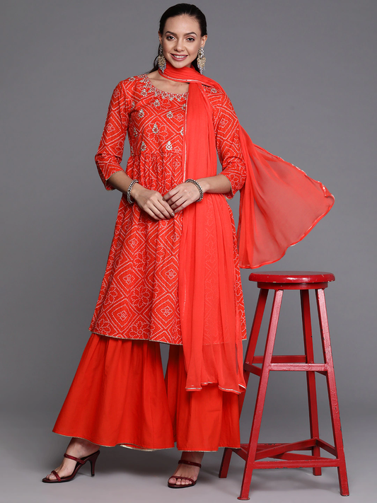Women Red & White Kurta with Sharara & Dupatta