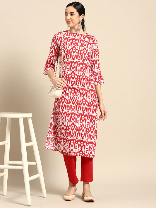 Women Red & White Ethnic Printed Kurta Set