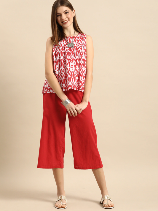 Women Red & White Printed Kurta Set