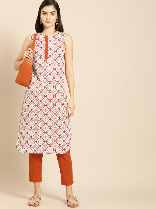 Women Red & White Printed Kurta Set