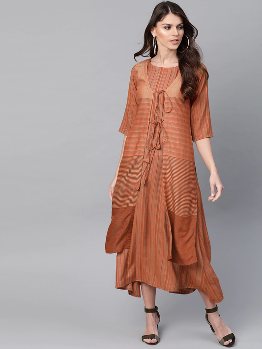 Women Rust Orange A-Line Dress with Shrug