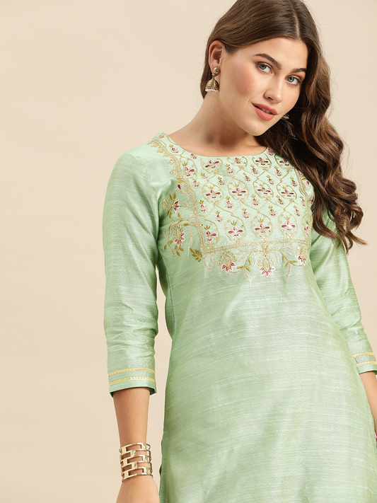 Women Sea Green Embroidered Kurta
