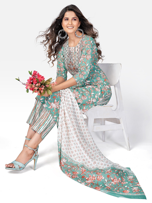 Women Sea Green Cotton Kurti Set