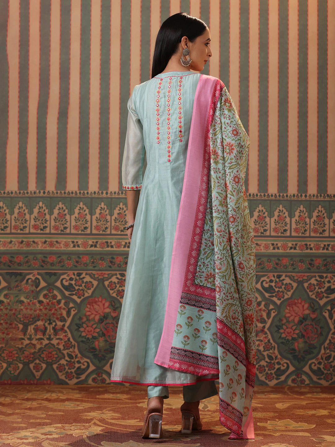 Women Panelled Mirror Work Cotton Kurta Full Set