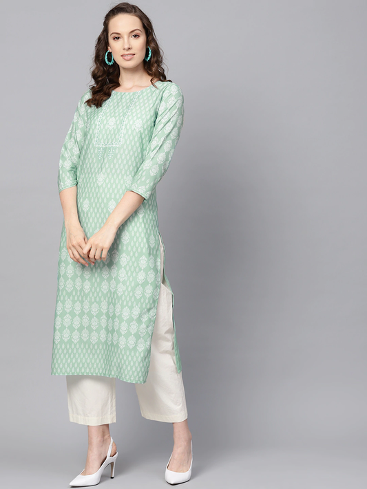 Women Sea Green Printed Straight Kurta