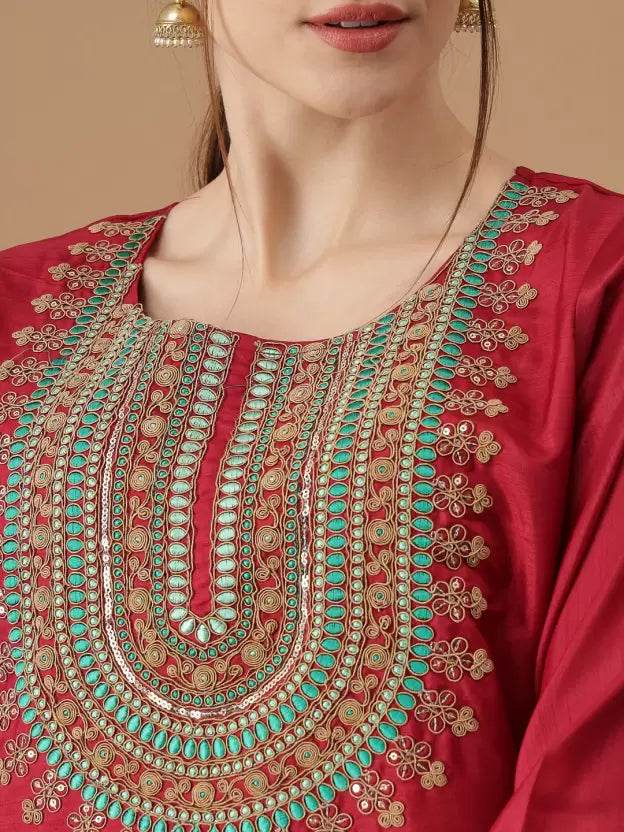 Women Red Silk Blend Kurta set