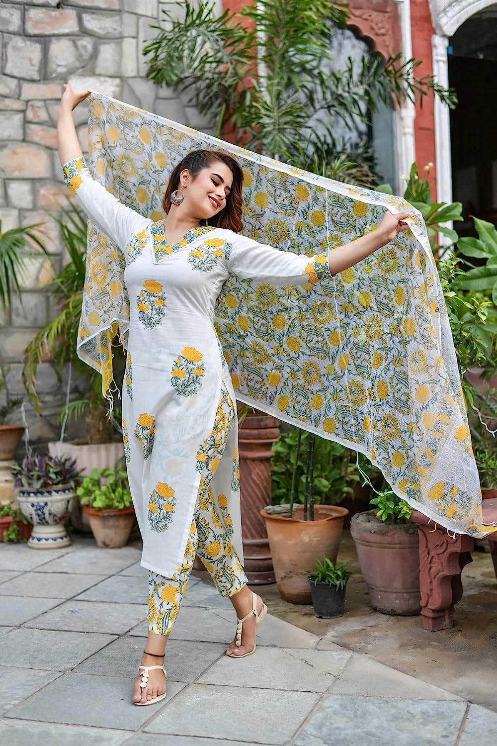 Women Straight Block Printed Kurta and Pant Set with Dupatta