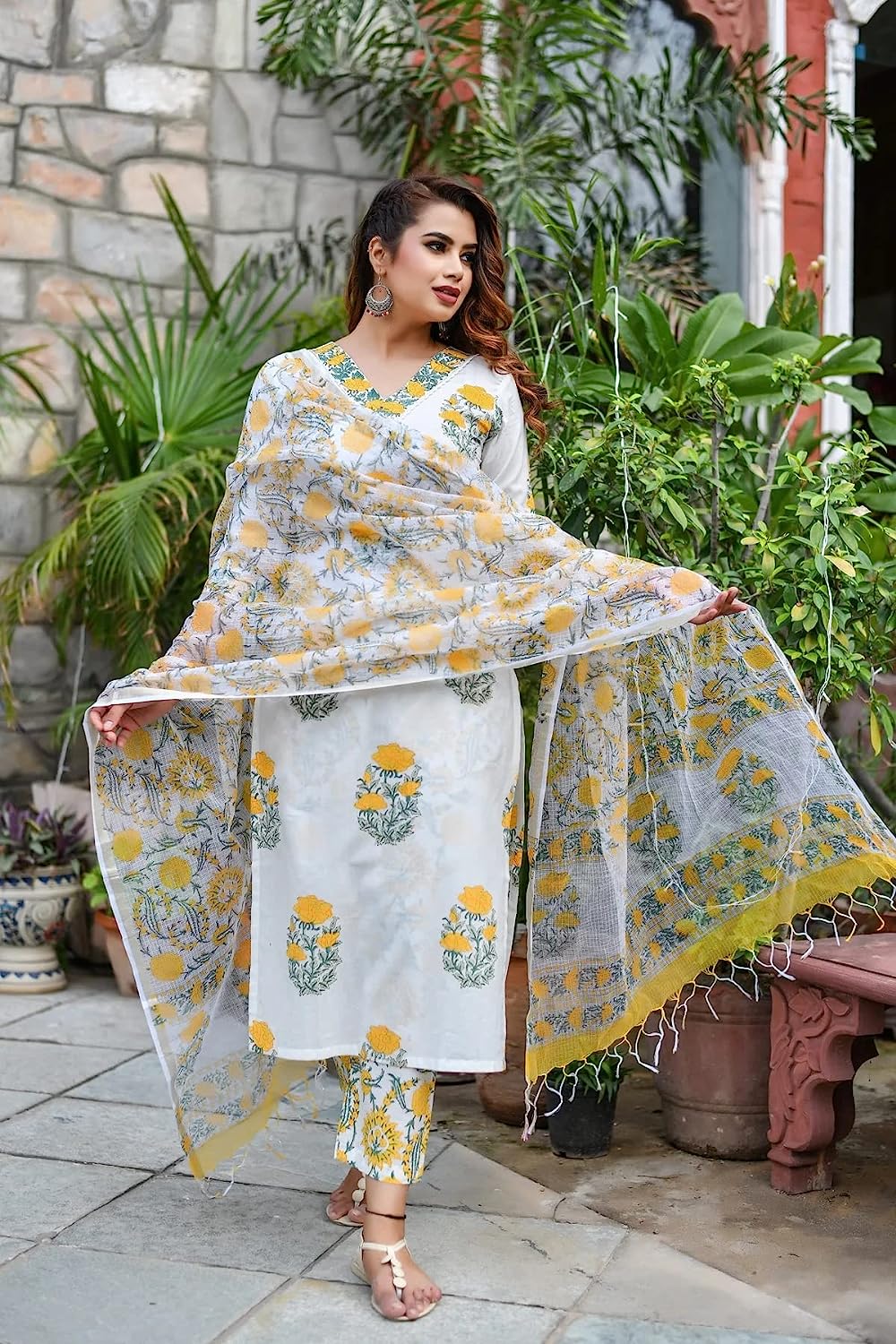 Women Straight Block Printed Kurta and Pant Set with Dupatta