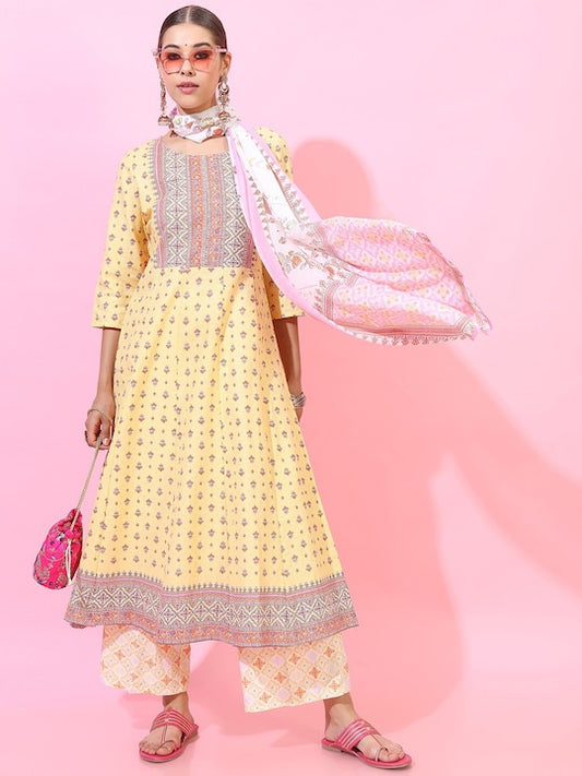 Women Sweet Yellow Pink Kurta set
