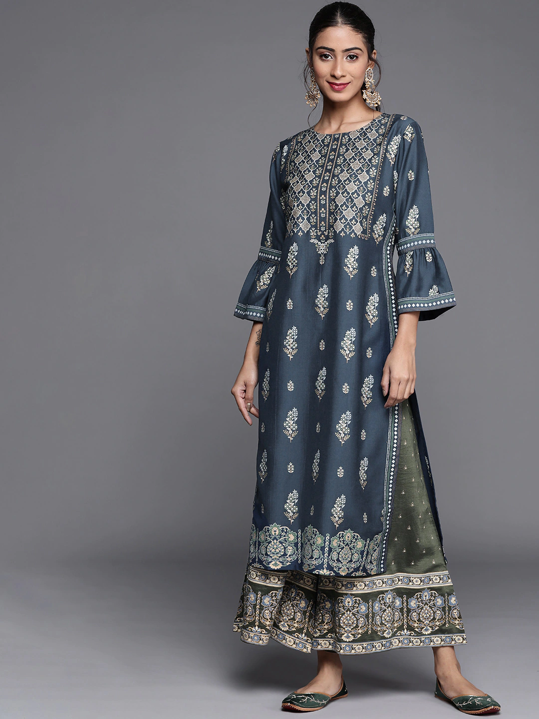 Women Teal Blue Ethnic Printed Chanderi Silk Kurta