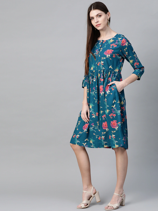 Women Teal Blue Floral Print Dress