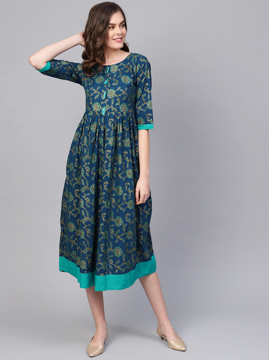 Women Teal Blue Printed A-Line Dress