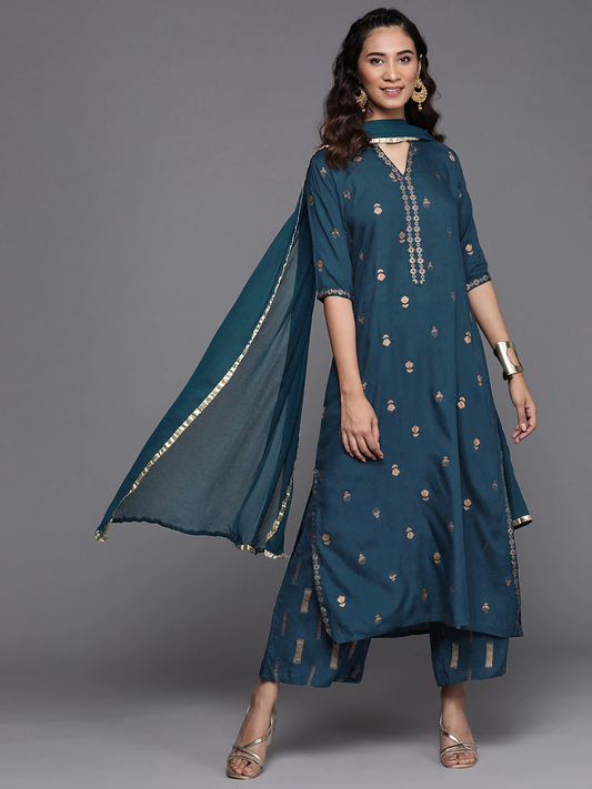 Women Teal Blue & Golden Printed Kurta Set