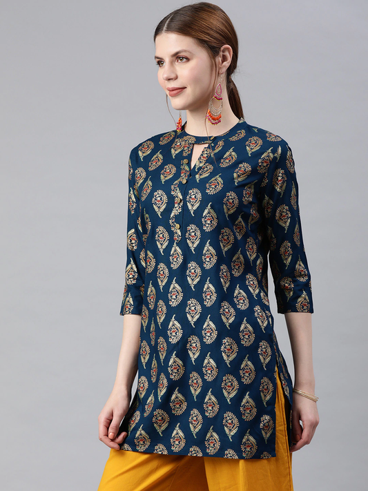 Women Teal Blue Printed Kurti
