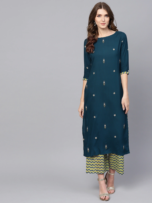 Women Teal Blue & Green Kurta Set