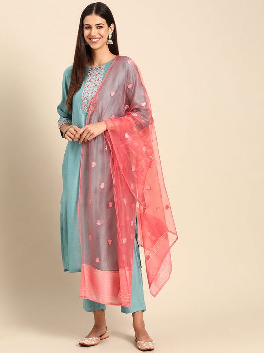 Women Teal Blue & Pink Yoke Design Kurta Set