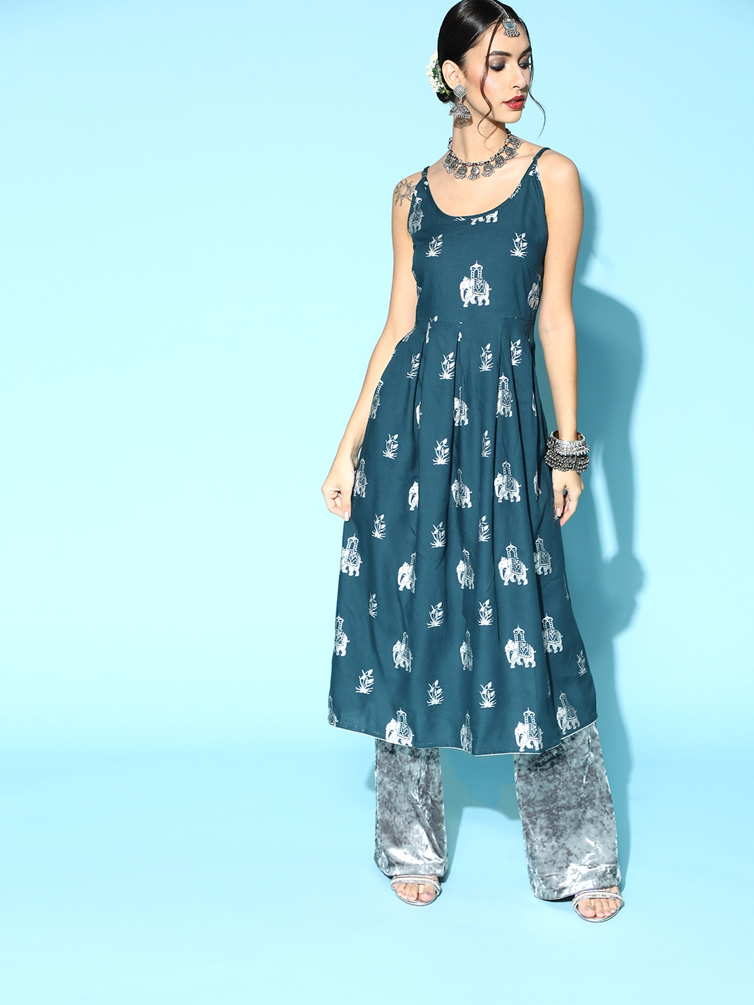 Women Teal Blue Motifs Print Kurta