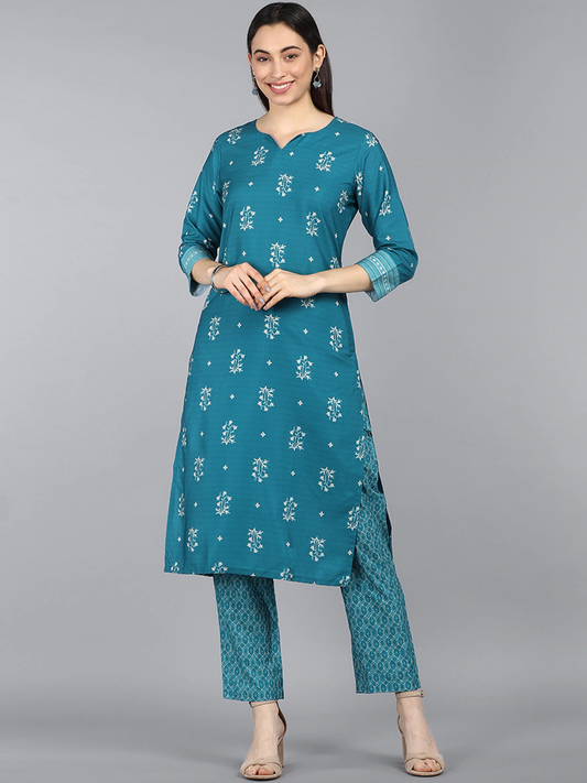Women Teal Blue Printed Kurta Set