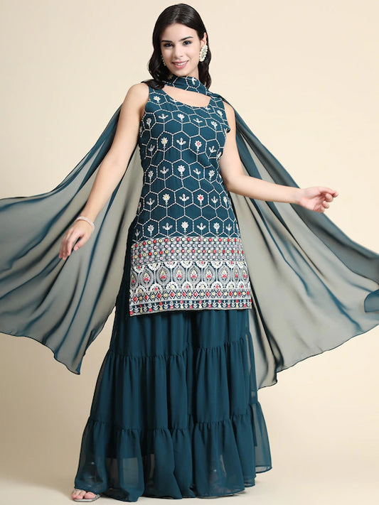 Women Teal Kurta Sharara set