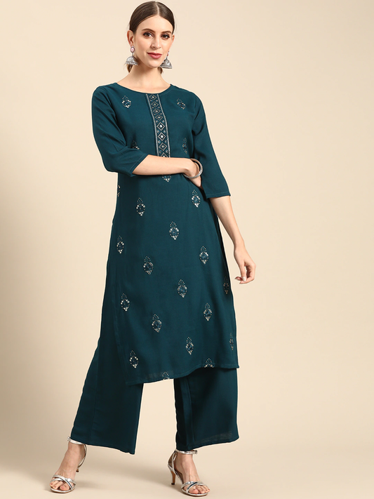 Women Teal Embroidered Mirror Work Kurta Set